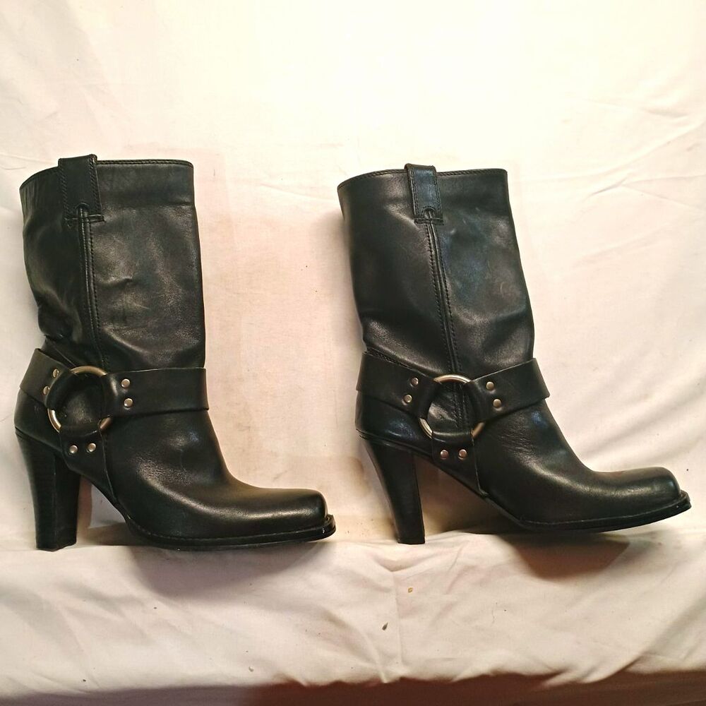 Harley Davidson 85218 Womens 7 Black Leather Harness High Heel Y2K Biker Boots